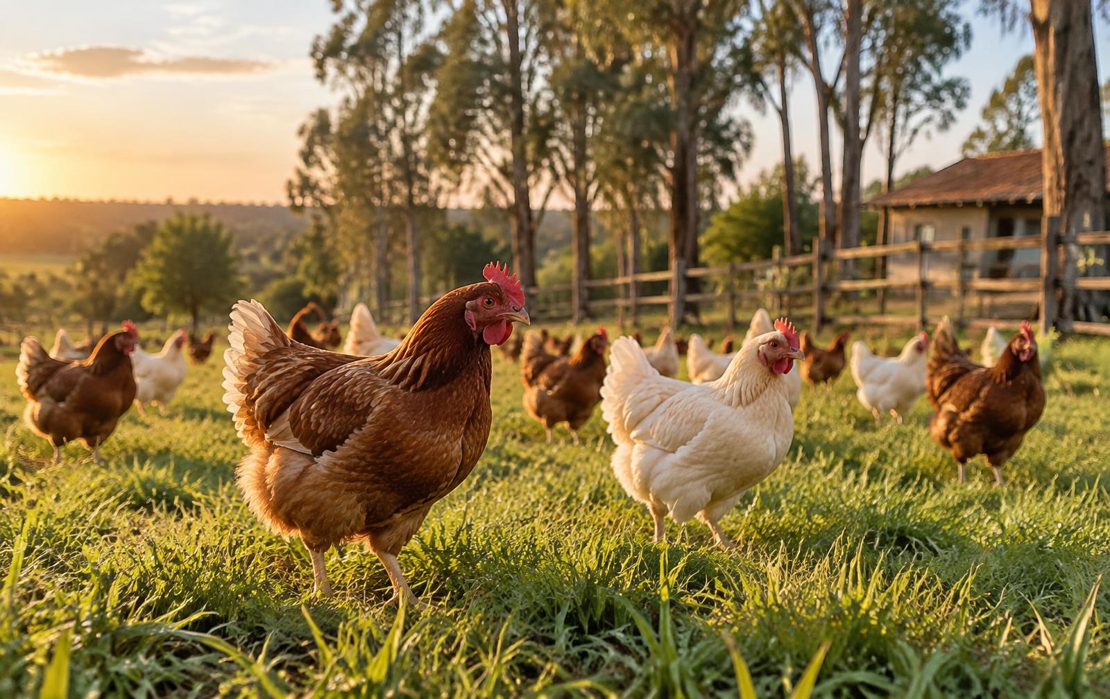 Gallinas caminando libremente sobre el pasto