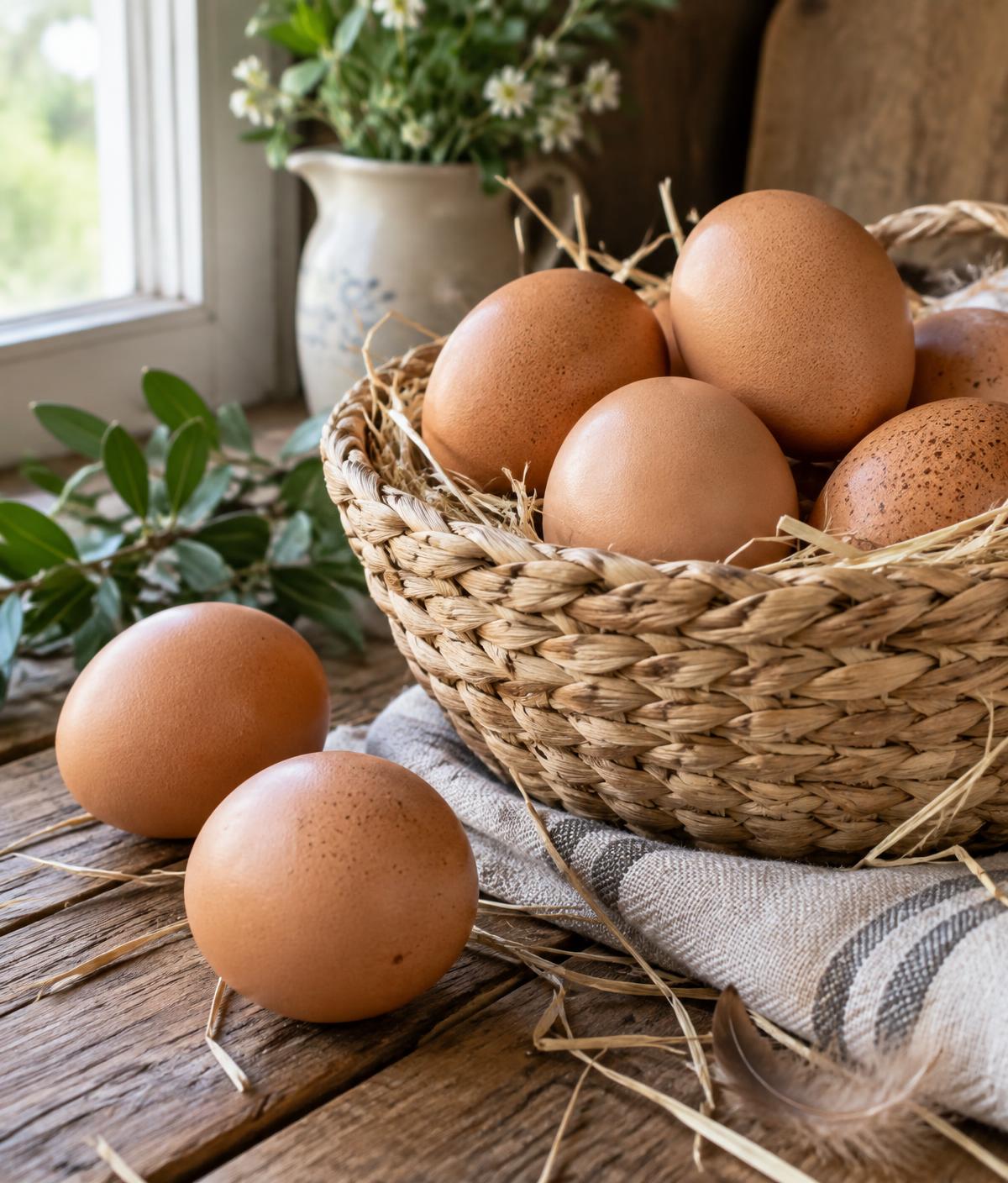 Huevos frescos en una canasta de paja